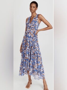 MISA Los Angeles Dominika Maxi Dress Blue Floral Pansy XS Boho Tiered